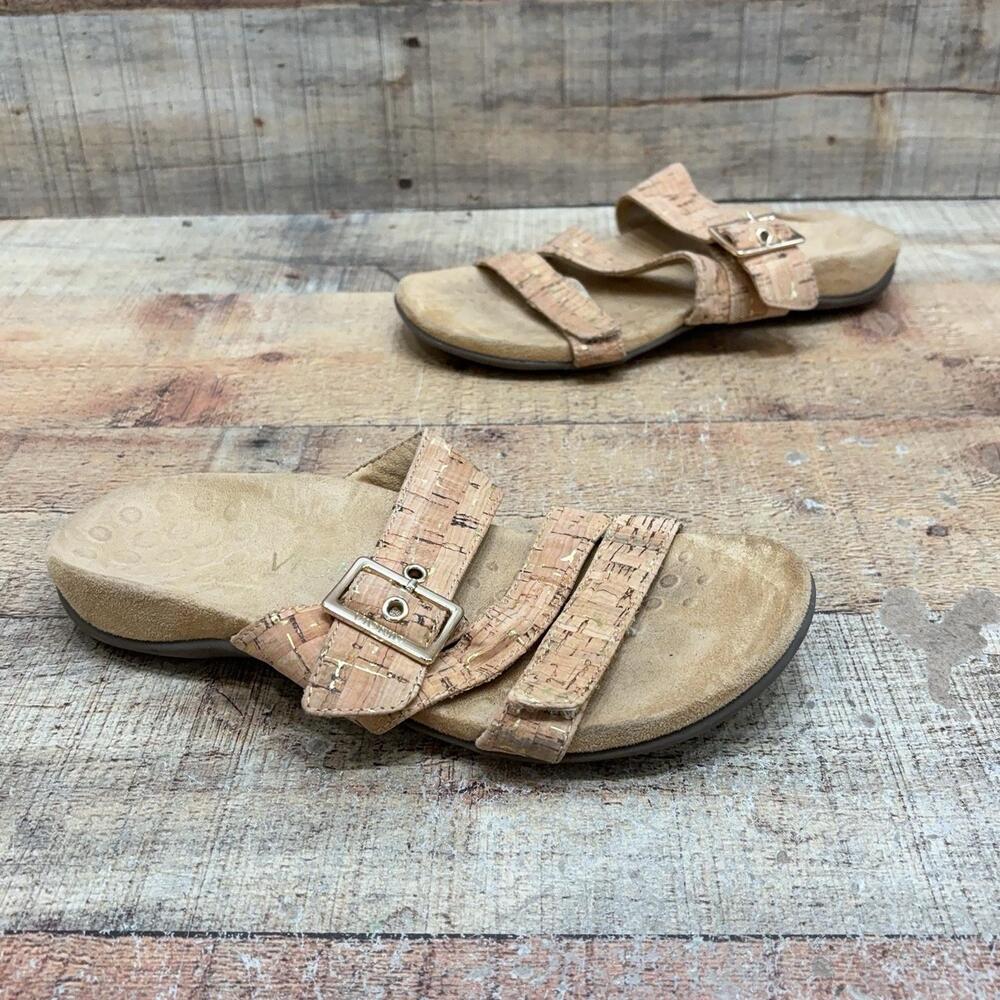 Vionic Skylar Sandals Womens Size 6 37 Beige Cork Slide Wedge Comfort Shoes